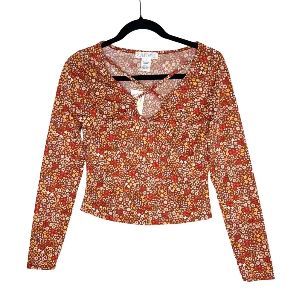 Planet Gold Floral Long Sleeve Criss Cross Crop Top Burnt Henna Medium Bohemian